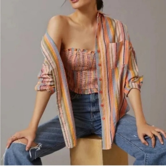 Anthropologie Pilcro Long-Sleeve Boyfriend Striped Shirt Rainbow Metallic L/XL - Picture 3 of 16